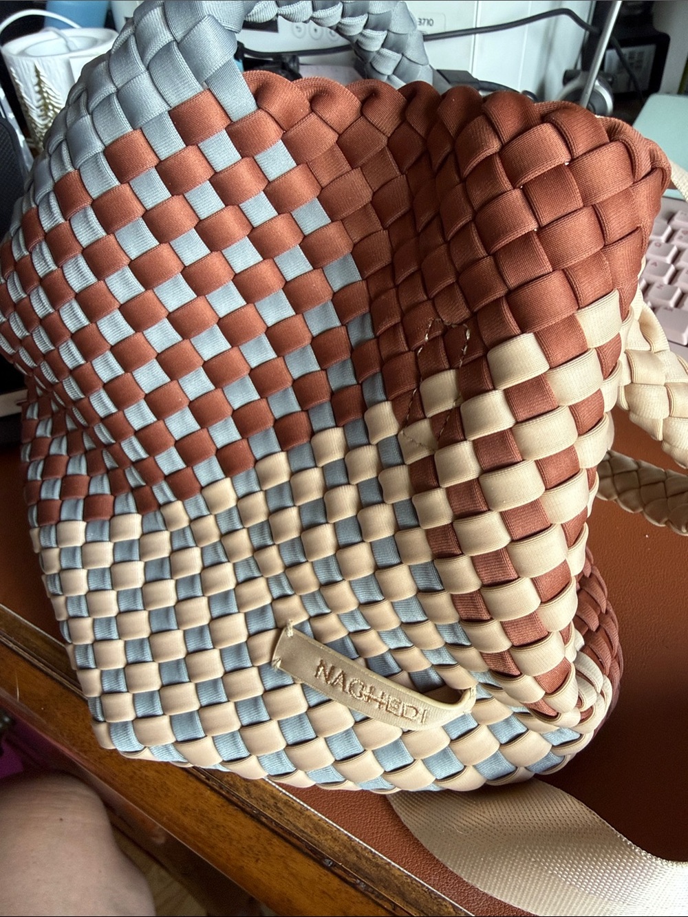 Naghedi Woven Crossbody Bag in Rust, grey, brown and Cream